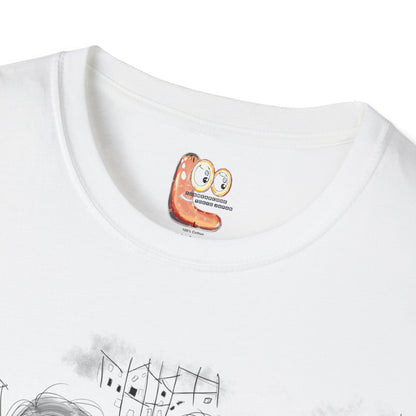 Close view of white t-shirt with a FunWearCode cartoon graphic inner label design on collar area