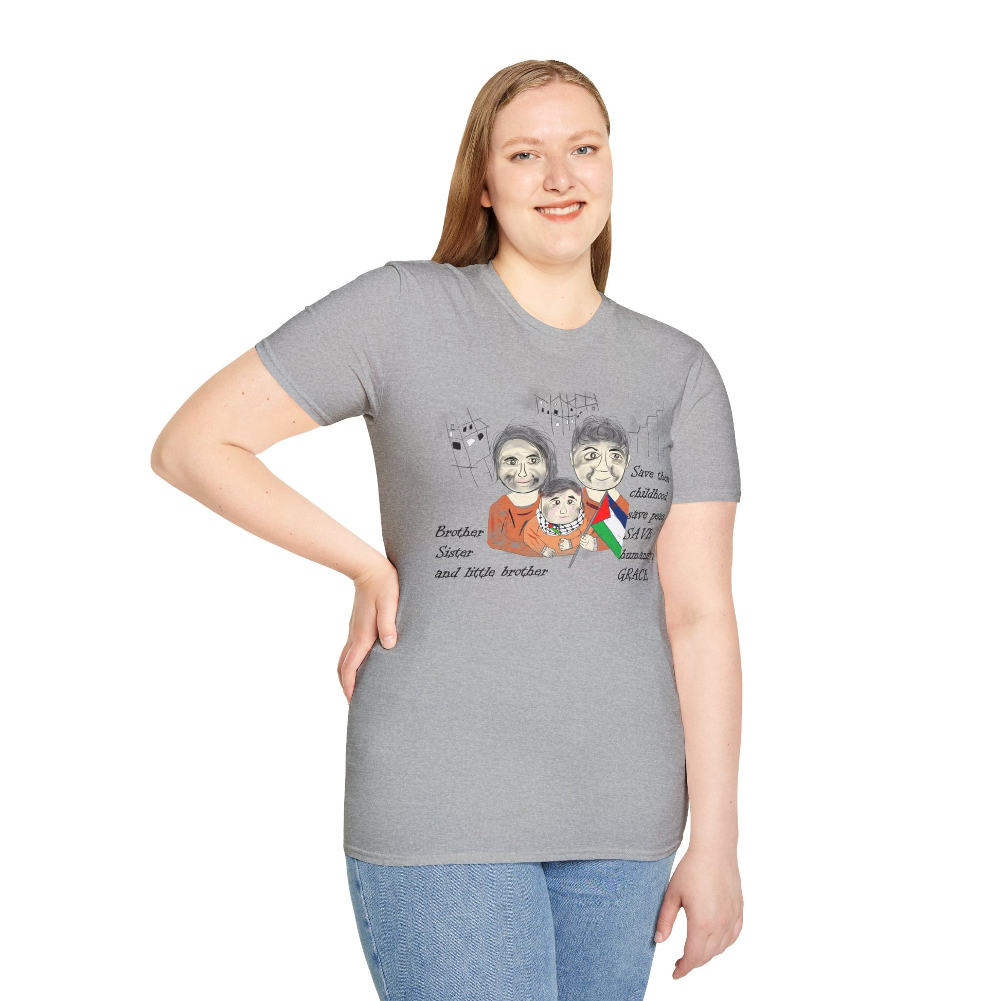 Front view of a lady model wearing a gray t-shirt with a Palestinians support graphic design on a white background