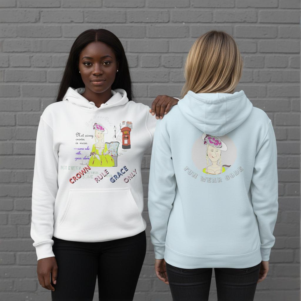 Two people wearing hoodie with vintage English lady graphic designs on a gray brick wall background