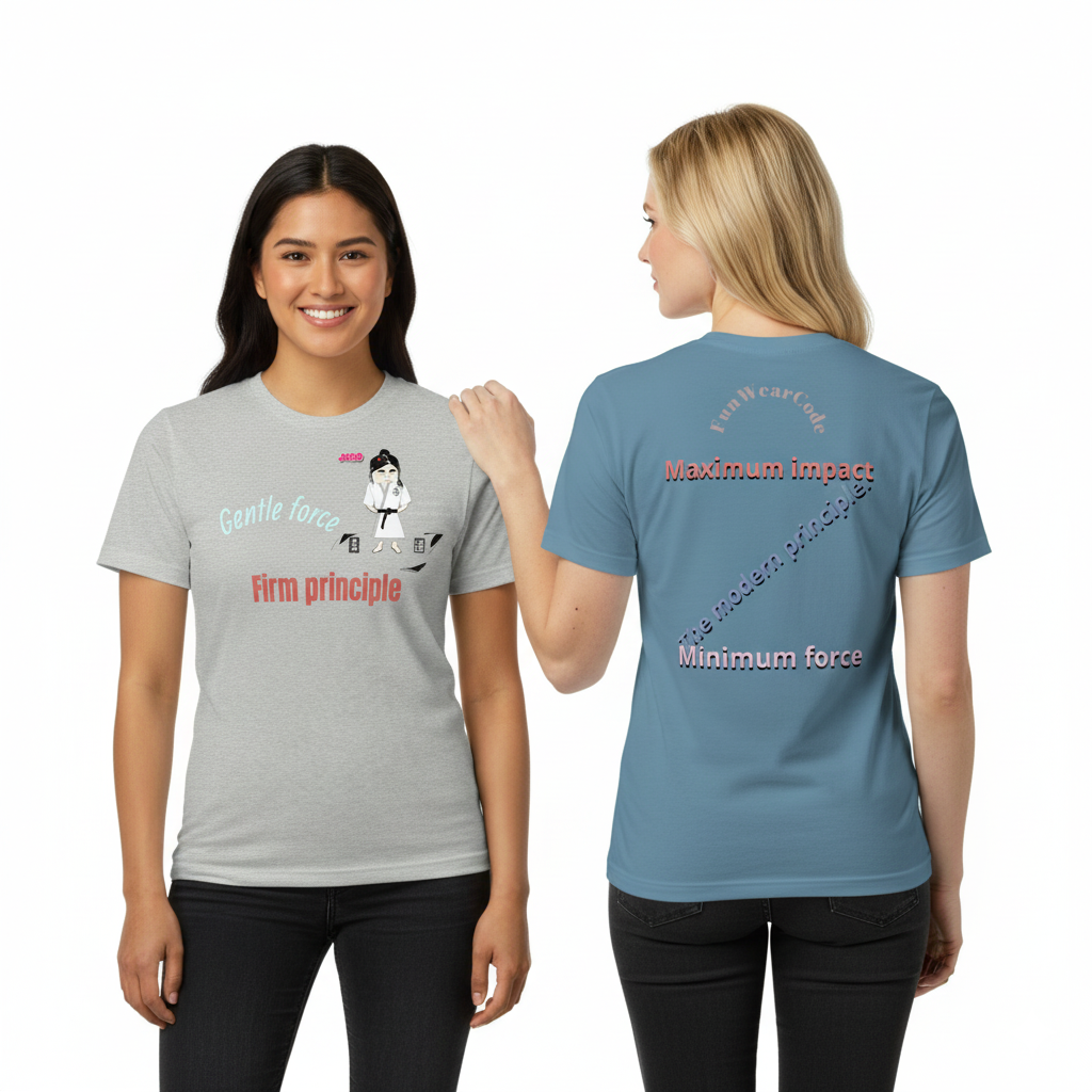Two women wearing 'Fun Wear Code' branded t-shirts with a judo graphic design and text on a white background