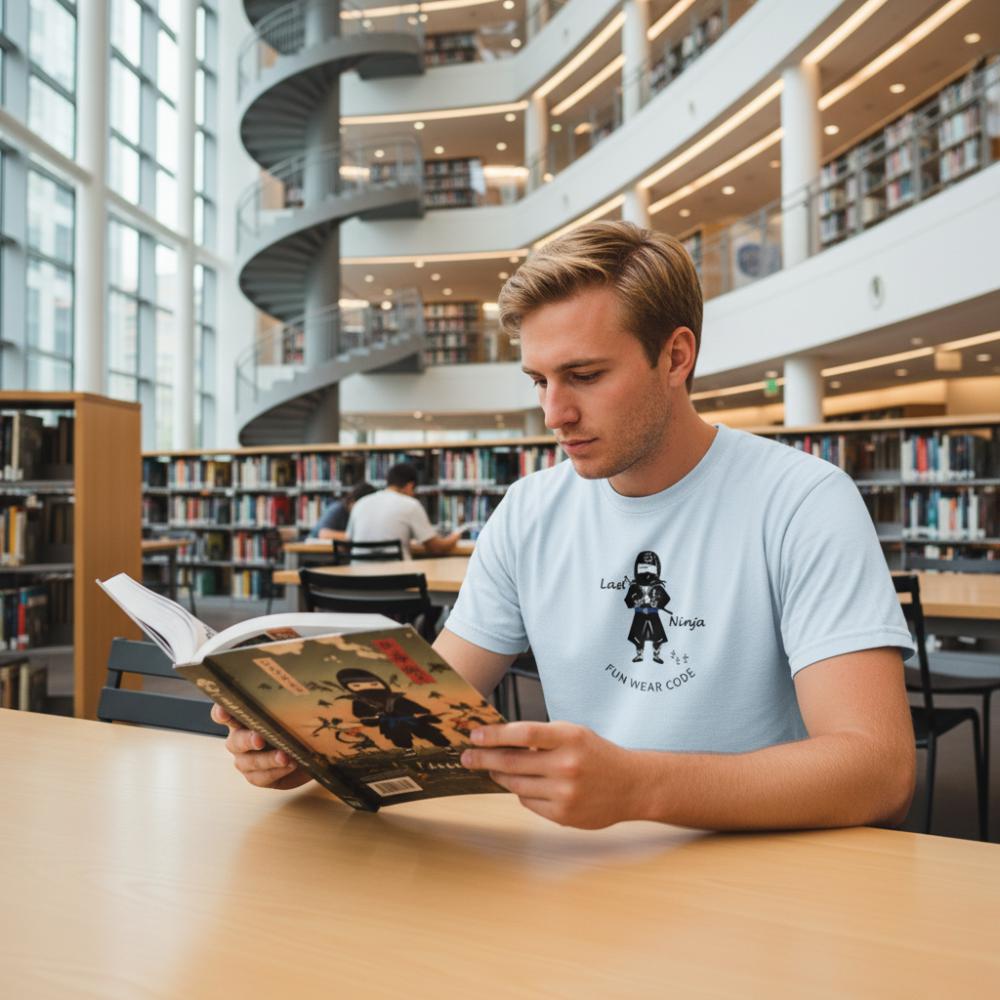 Man wearing a light blue t-shirt with a playful "Last Ninja" graphic design and text "FUN WEAR CODE", reading a book in a library with a modern architectural design.