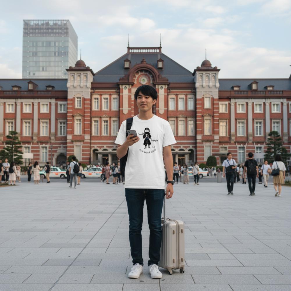 Man wearing a white t-shirt with a playful "Last Ninja" graphic design and text "FUN WEAR CODE", with a suitcase standing in front of Tokyo railway station with people around
