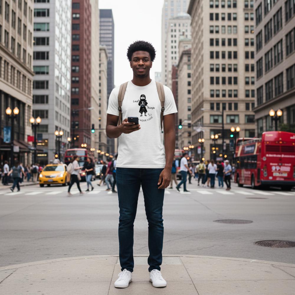 Man wearing a white t-shirt with a playful "Last Ninja" graphic design and text "FUN WEAR CODE", standing on a city street holding a phone, with tall buildings and pedestrians in the background.