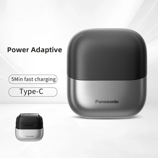 Panasonic electric shaver with charging case on a white background