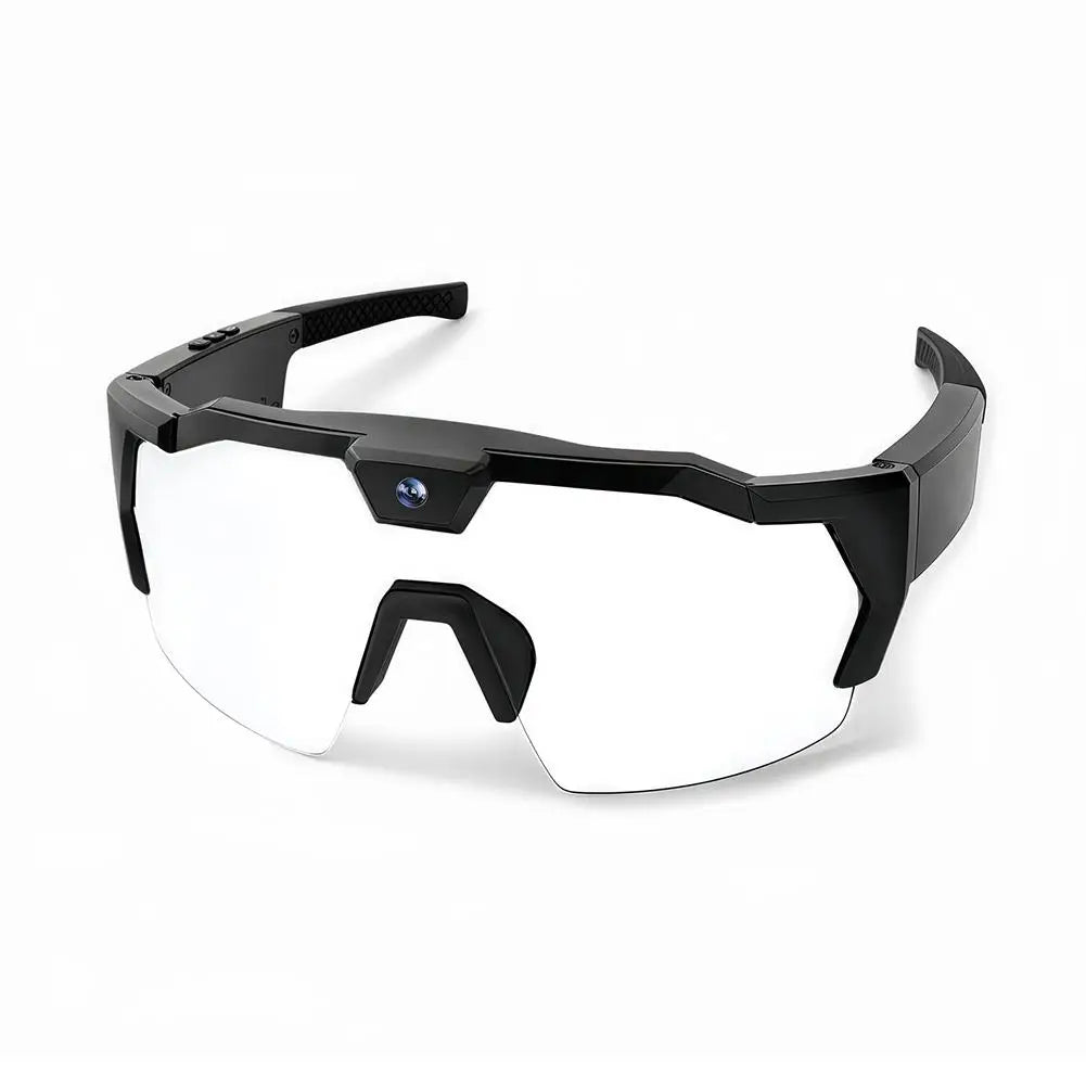 Black sunglasses with reflective lenses on a white background