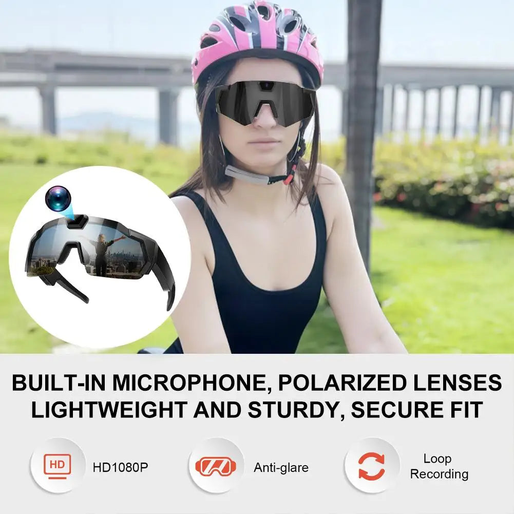 Person wearing a helmet and sunglasses with text about camera features