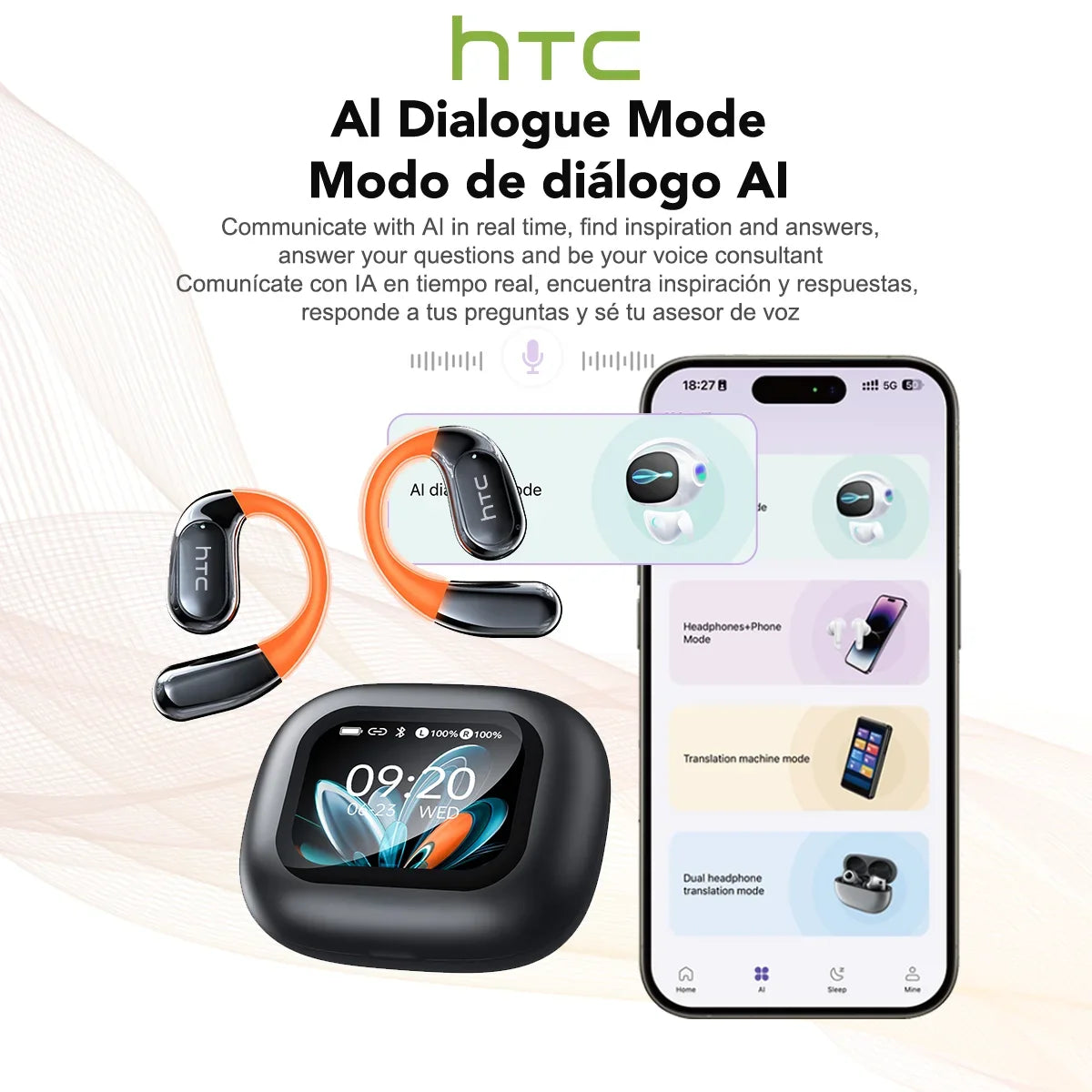 سماعات لاسلكية رياضية بمترجم ذكاء اصطناعي - شاشة لمس LCD وسماعة إضاءة خلفية | اختيار فان وير كود