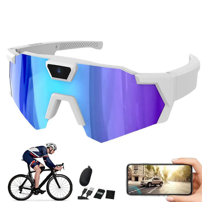Sunglasses with camera attachment, cyclist on bike, smartphone display, and accessories on a white background