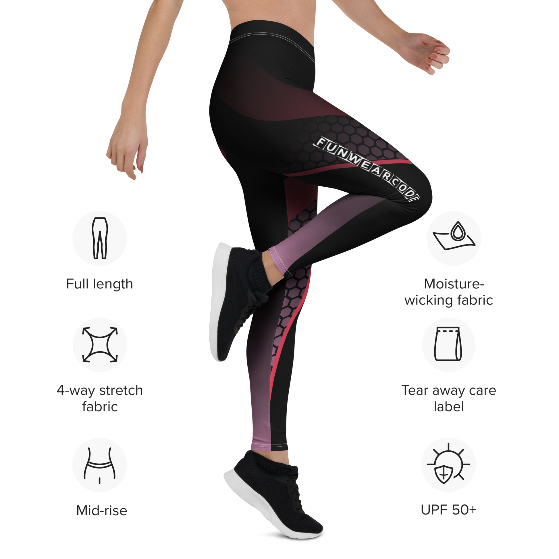 Person wearing black and red "Funwearcode" brand leggings with feature icons on a white background