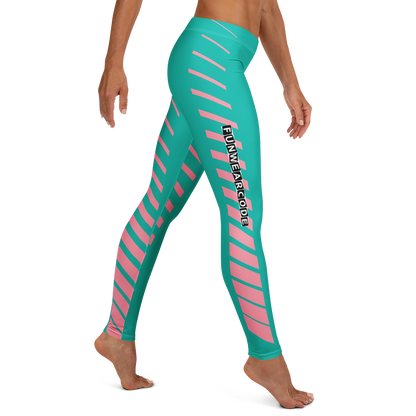 Teal and pink striped leggings with a brand logo "Funwearcode" on a white background