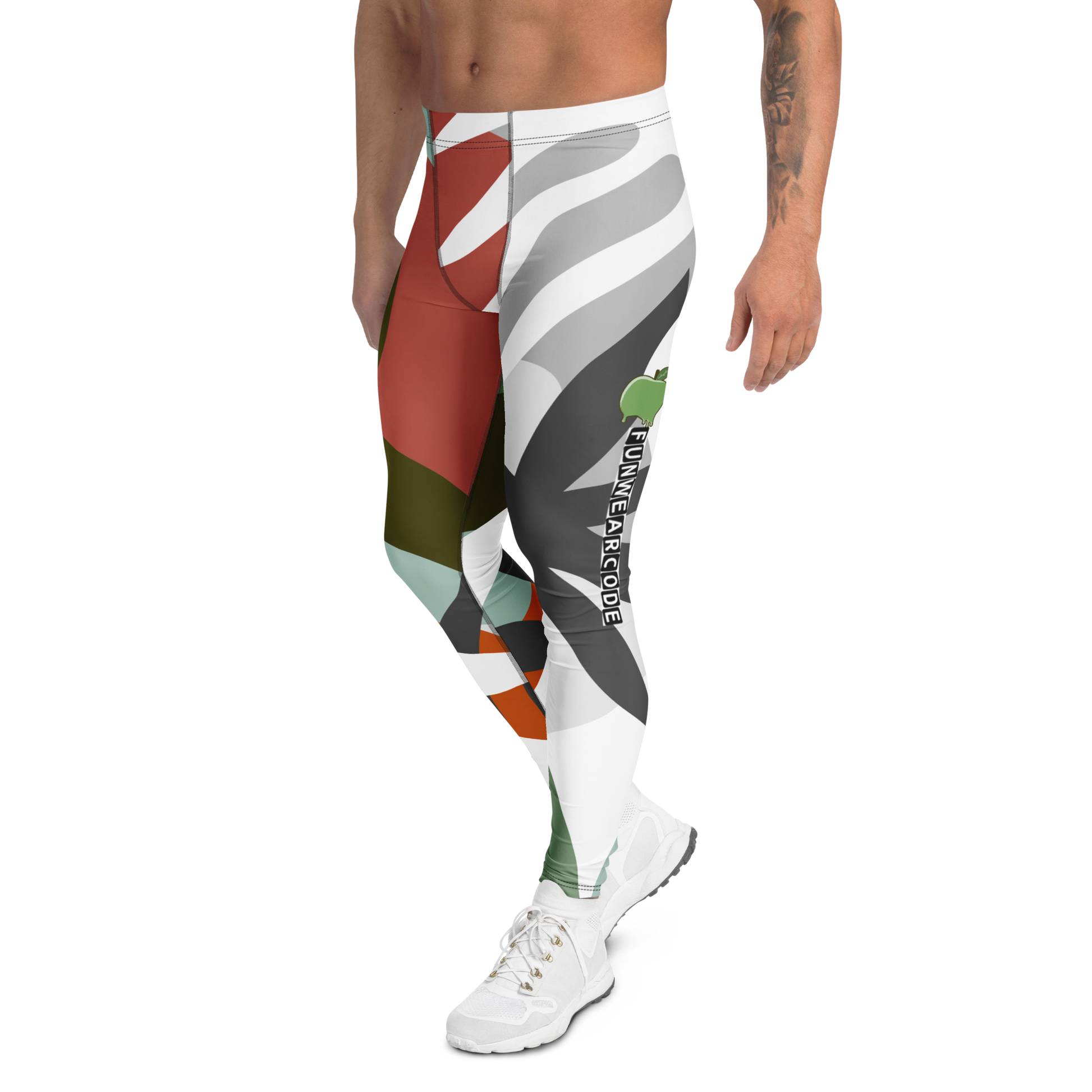 Colorful patterned leggings with a brand logo 'Funwearcode' worn by a person on a white background