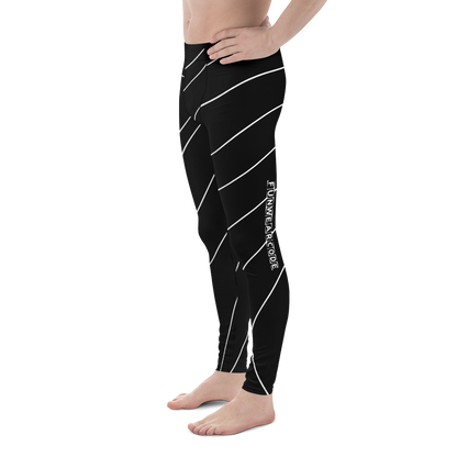 Black leggings with white diagonal stripes and a brand logo 'Funwearcode' on a white background