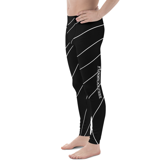 Black leggings with white diagonal stripes and a brand logo 'Funwearcode' on a white background