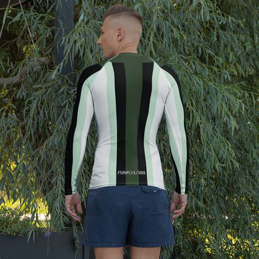 Person wearing a green and black striped shirt with a brand logo "Funwearcode", standing in front of trees.