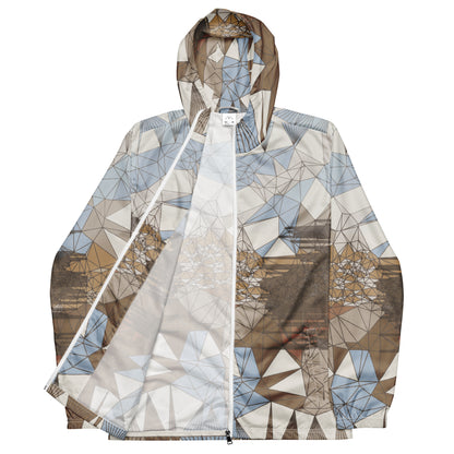 A geometric patterned windbreaker on a white background