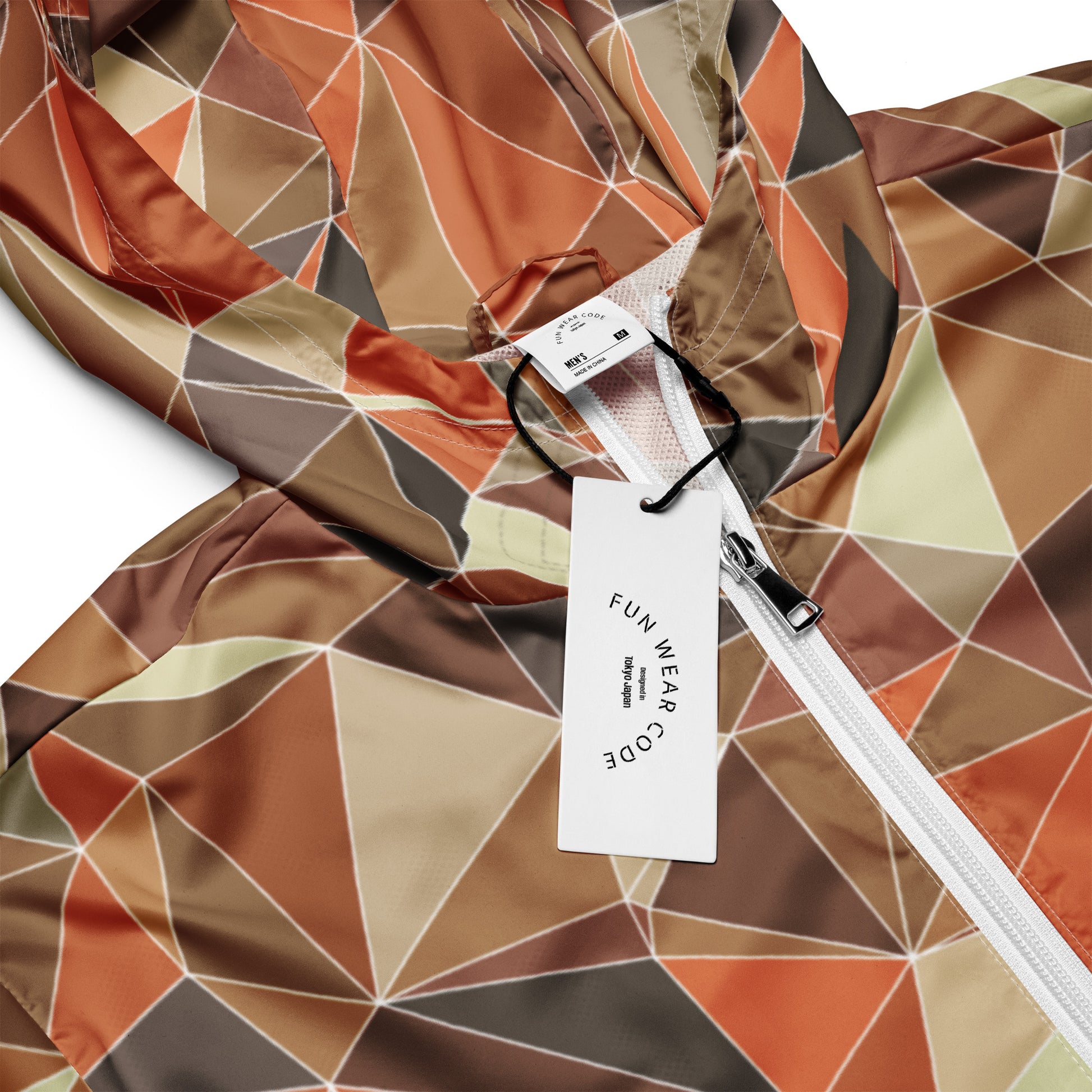 A multicolor geometric patterned windbreaker jacket with a Fun Wear Code tag on a white background