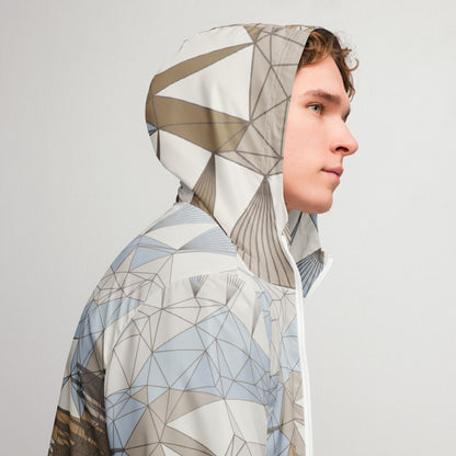 Person wearing a geometric patterned hoodie against a plain background