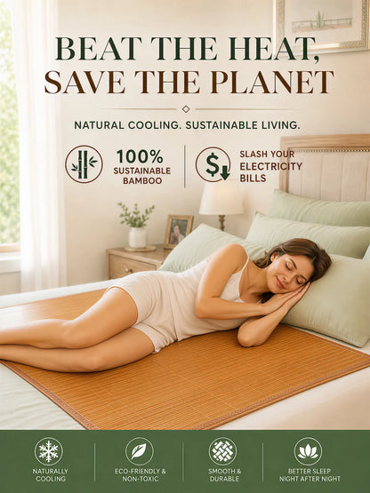 Woman lying on a bamboo mat in a bedroom with text about sustainable living and energy savings.