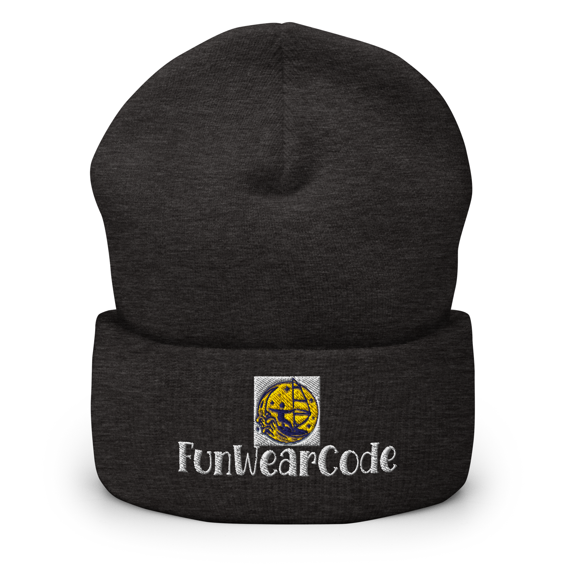 Black beanie with FunWeareCode logo on a white background