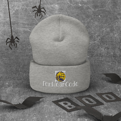 Gray beanie with a 'Fun Wear Code' logo and text on a textured gray background with Halloween decorations.