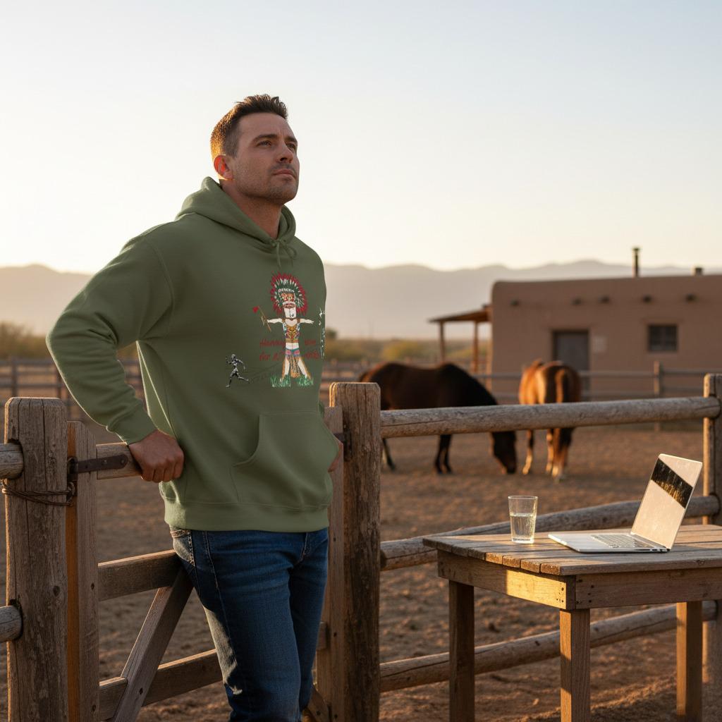 Man wearing a green hoodie with an American Indian man hunting for AI graphic design and text, standing in a desert landscape with horses and a wooden table.