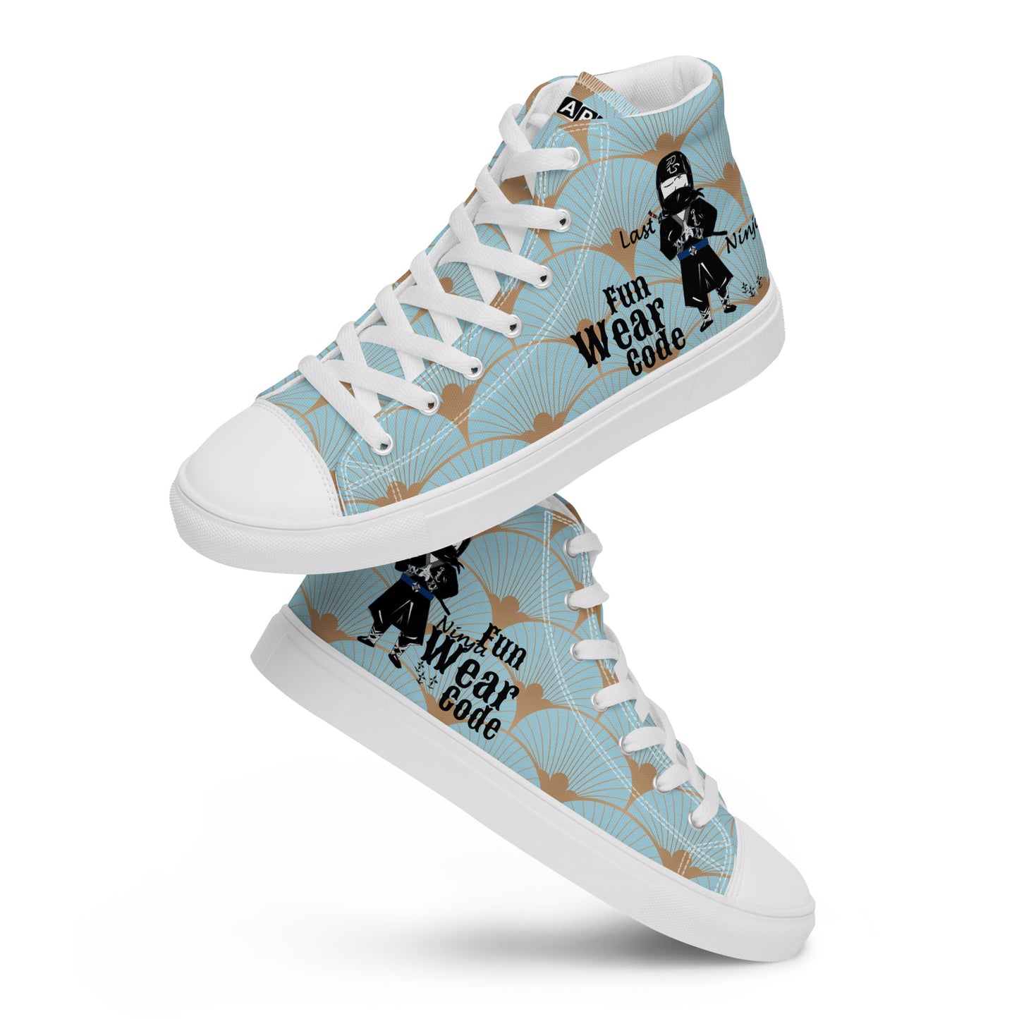 high-top sneakers with a ninja graphic and 'Fun Wear Code' text logo and white laces on a white background