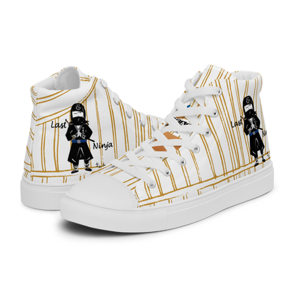 White yellow stripe high-top sneakers with a playful ninja graphic design and white laces, featuring a text 'Last ninja' on a white background