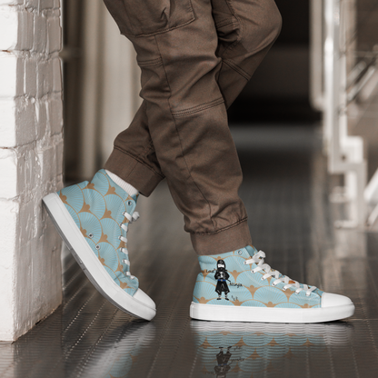 Person wearing blue high-top sneakers with a playful ninja graphic design and white laces, featuring text 'Last ninja', standing against a neutral background.