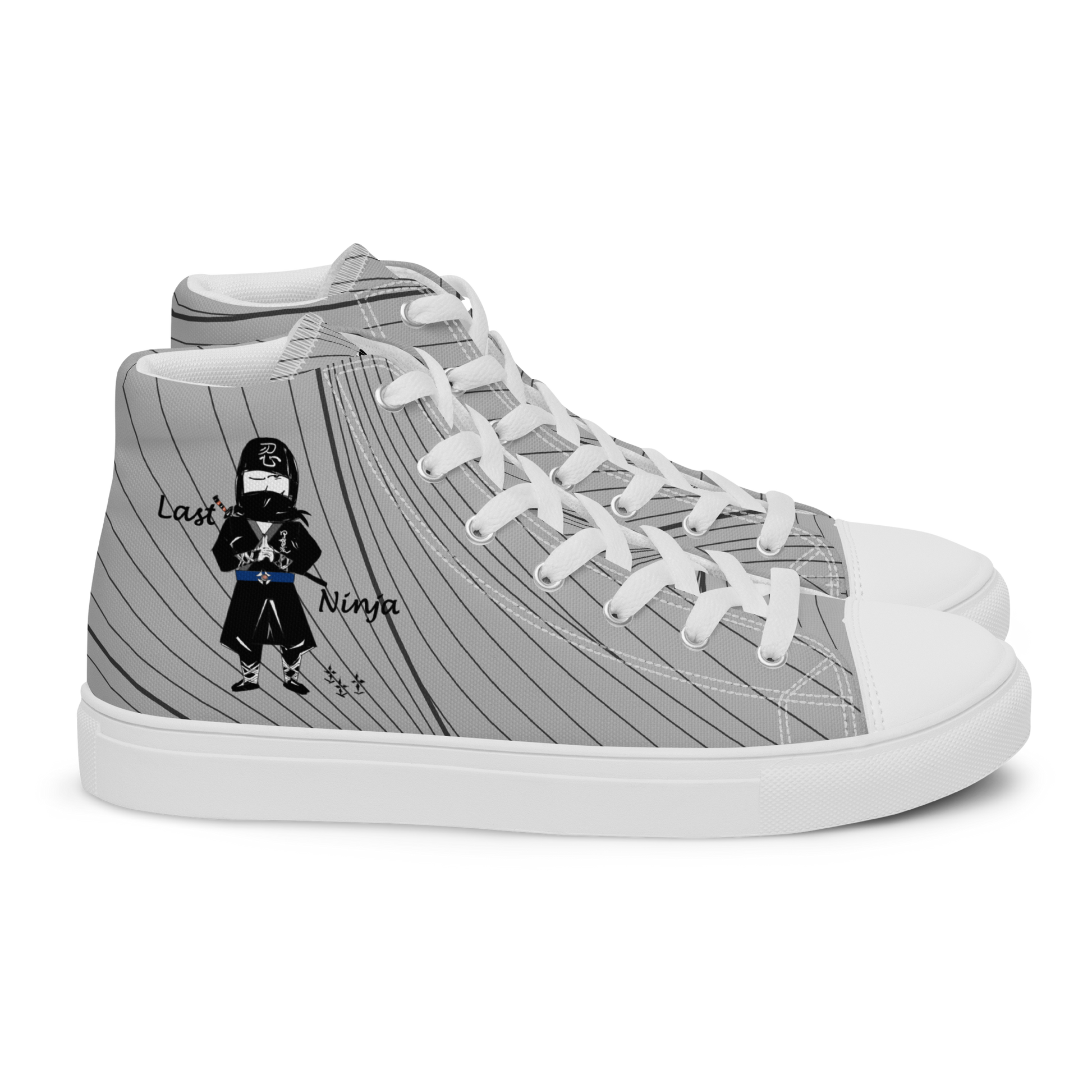 Gray high-top sneaker with a playful ninja graphic design on a white background