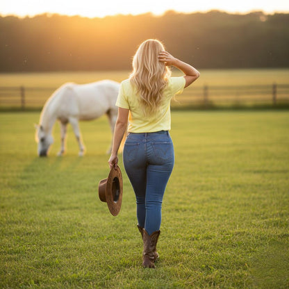 Woman walking with a cowboy hat in a field with a horse in the background