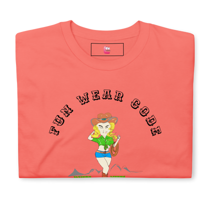 Folded coral t-shirt with a graphic design of a cowgirl and text " FUN WEAR CODE" on a white background