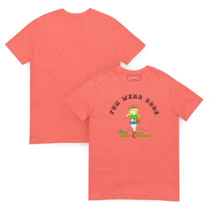 Coral t-shirt  with a graphic of a cowgirl and text "Fun Wear Code" on a white background