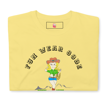 Yellow t-shirt with a graphic of a cowgirl and text "Fun Wear Code" on a white background
