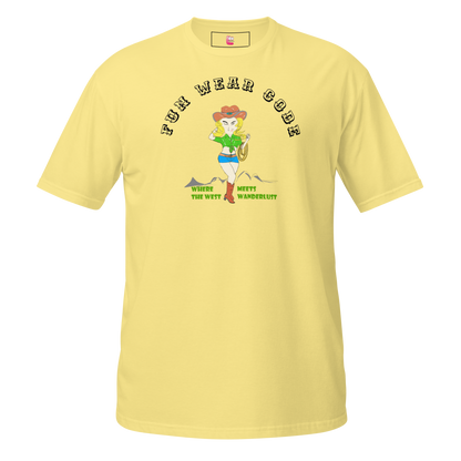 Yellow t-shirt  with a graphic of a cowgirl and text "Fun Wear Code" on a white background