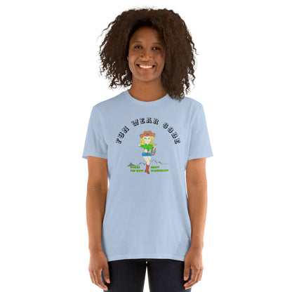 Woman wearing a light blue t-shirt with a graphic design of a cowgirl and text " FUN WEAR CODE" on a white background