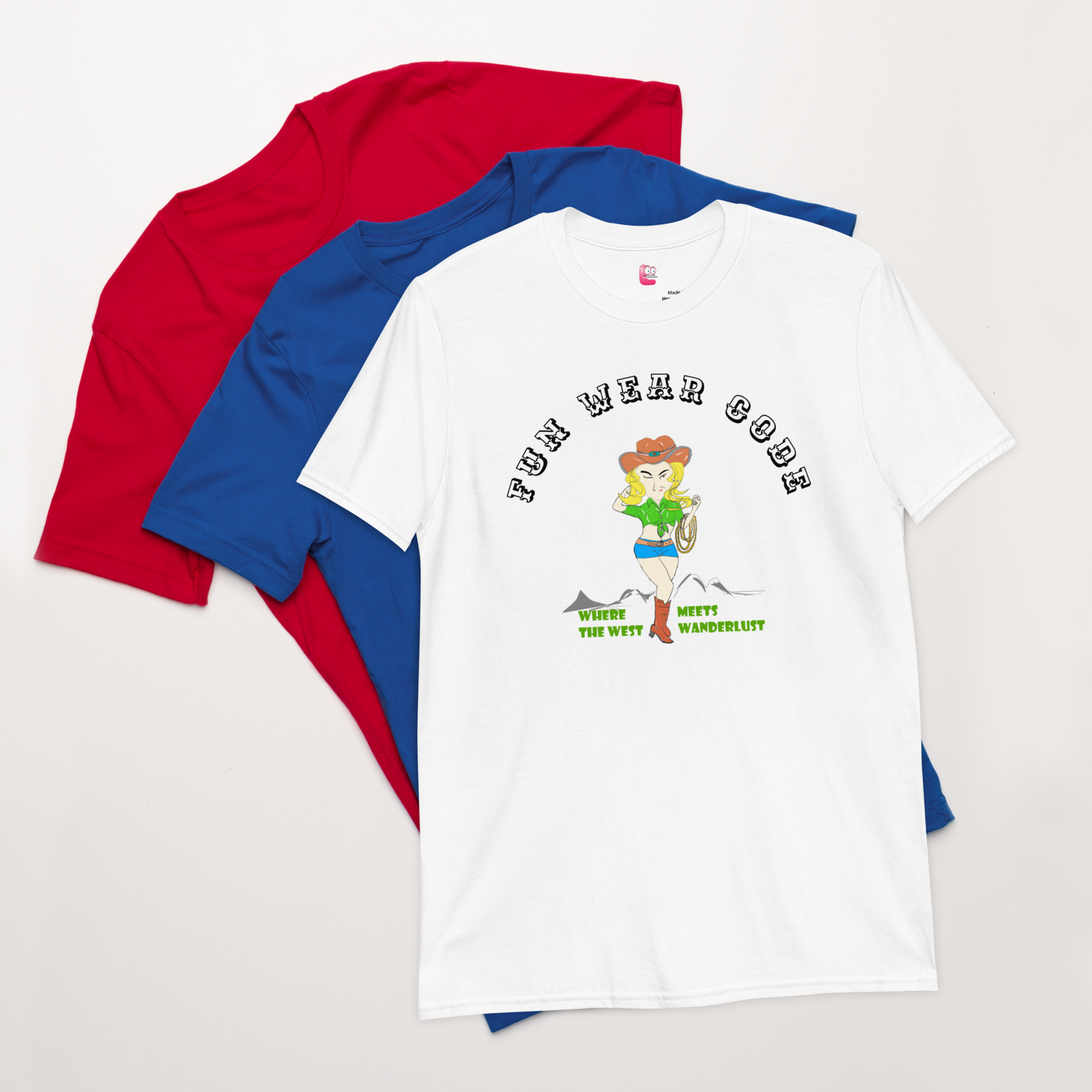 Three t-shirts in red, blue, and white with a graphic design of a cowgirl and text " FUN WEAR CODE" on the white shirt.