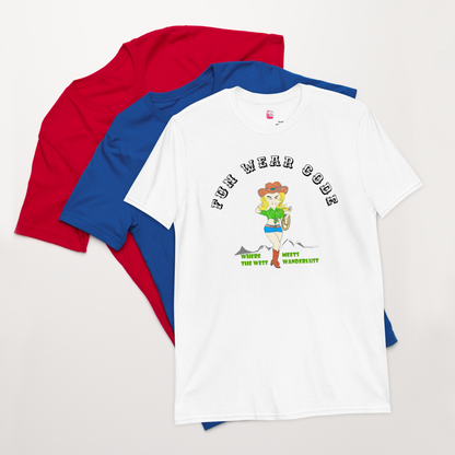Three t-shirts in red, blue, and white with a graphic design of a cowgirl and text " FUN WEAR CODE" on the white shirt.