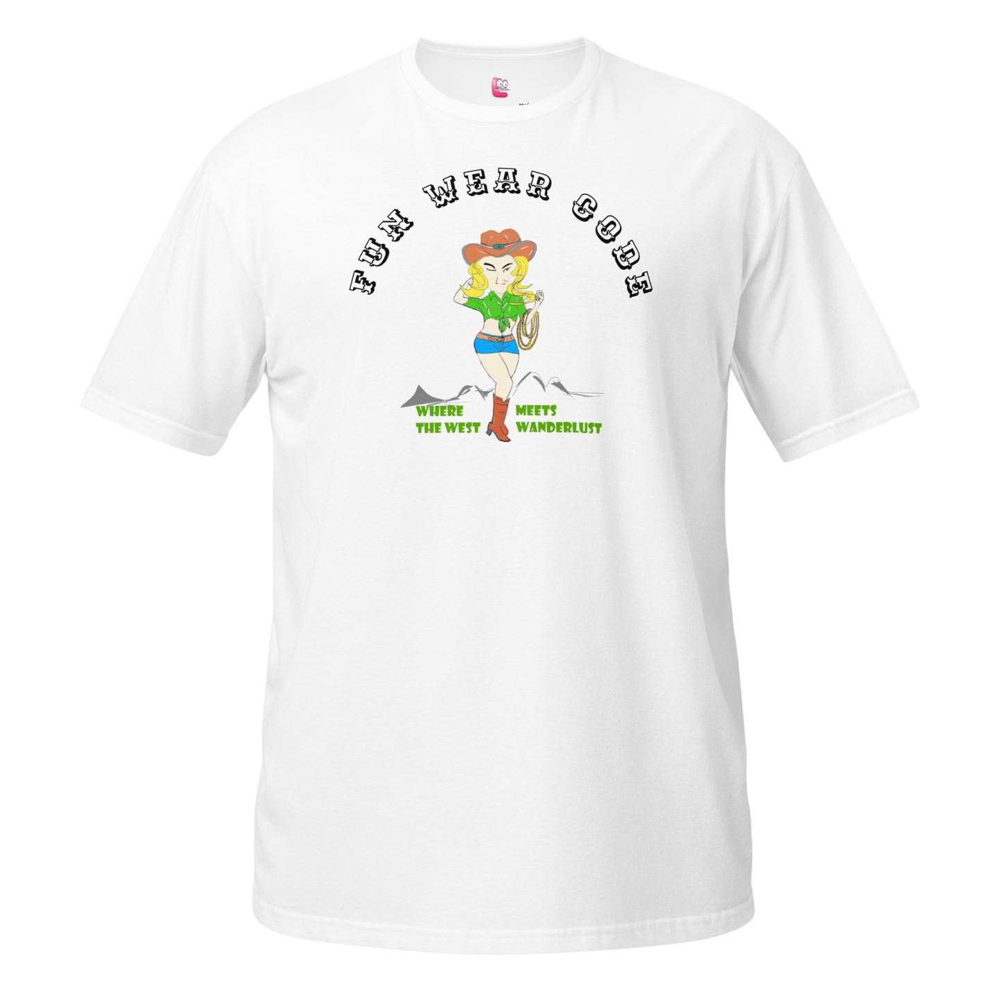 White t-shirt with a graphic design of a cowgirl and text " FUN WEAR CODE" on a white background