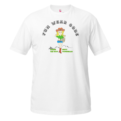 White t-shirt with a graphic design of a cowgirl and text " FUN WEAR CODE" on a white background