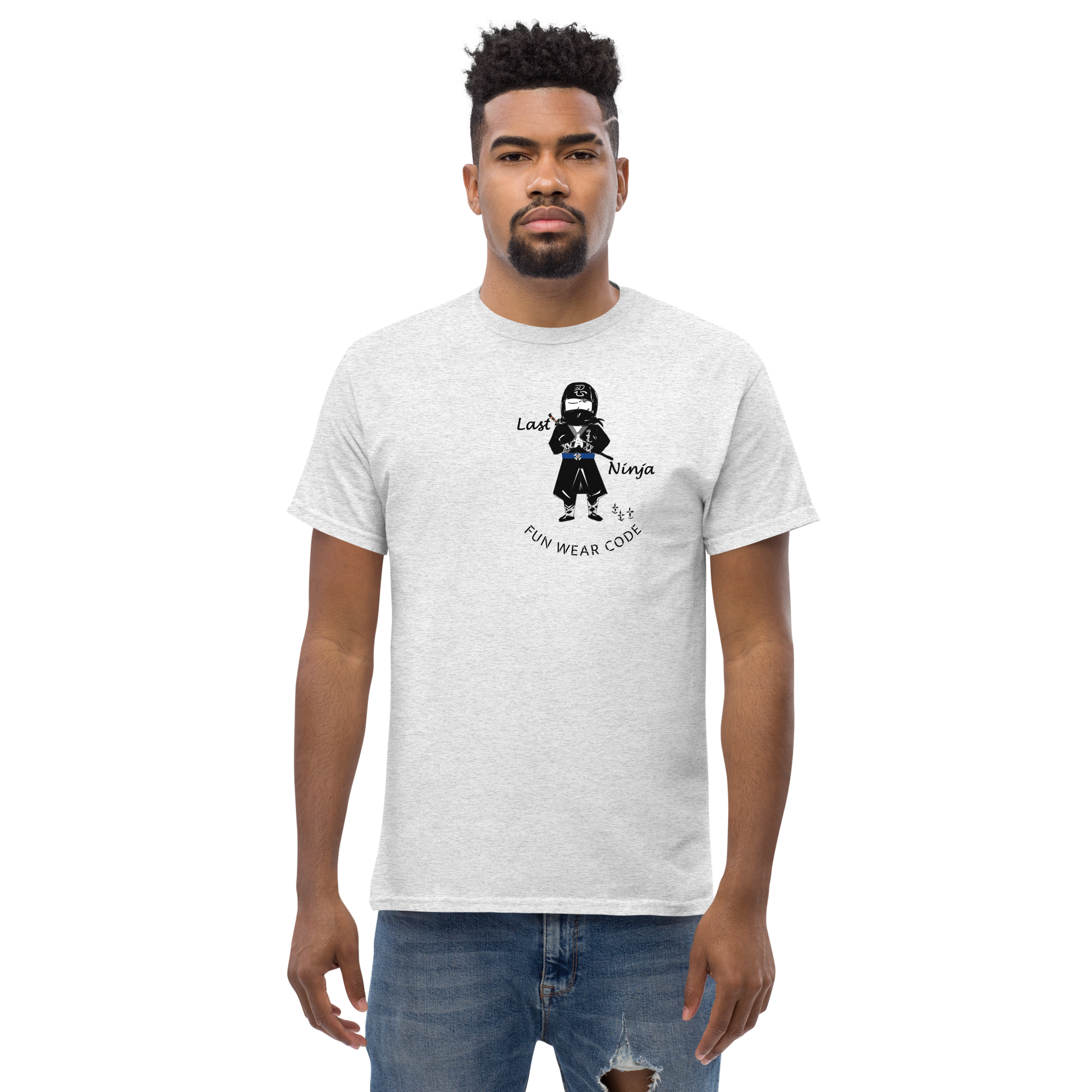 Man wearing a ash grey t-shirt with a playful ninja graphic design and text "FUN WEAR CODE" on a white background