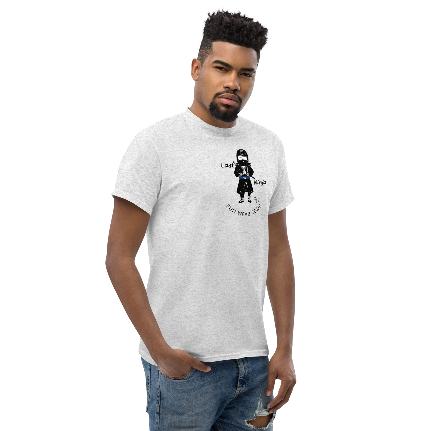 Man wearing a white t-shirt with a playful ninja graphic design and text "FUN WEAR CODE" on a white background