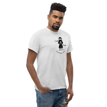 Man wearing a white t-shirt with a playful ninja graphic design and text "FUN WEAR CODE" on a white background