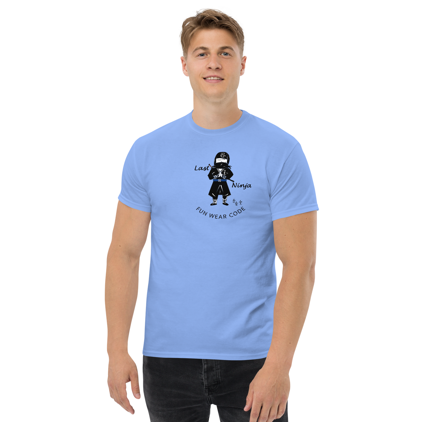 Person wearing a light blue t-shirt with a playful ninja graphic design and text "FUN WEAR CODE" on a white background