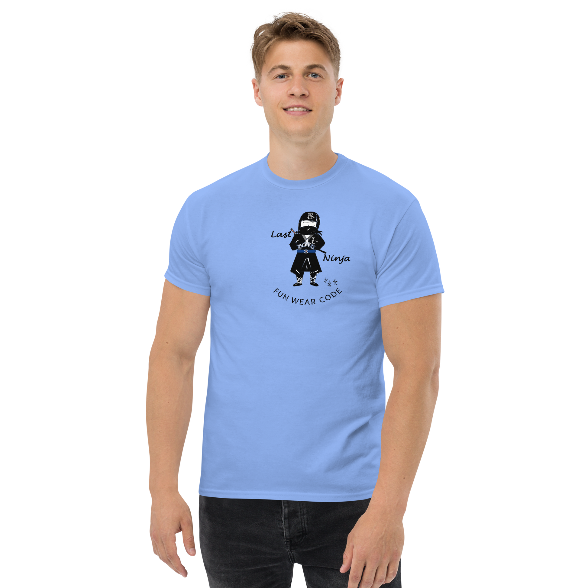 Person wearing a light blue t-shirt with a playful ninja graphic design and text "FUN WEAR CODE" on a white background