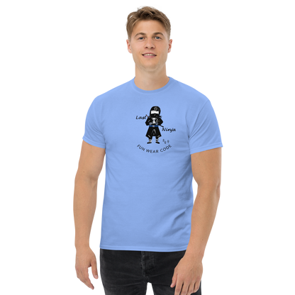 Person wearing a light blue t-shirt with a playful ninja graphic design and text "FUN WEAR CODE" on a white background