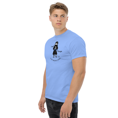 Man wearing a light blue t-shirt with a playful ninja graphic design and text "FUN WEAR CODE" on a white background