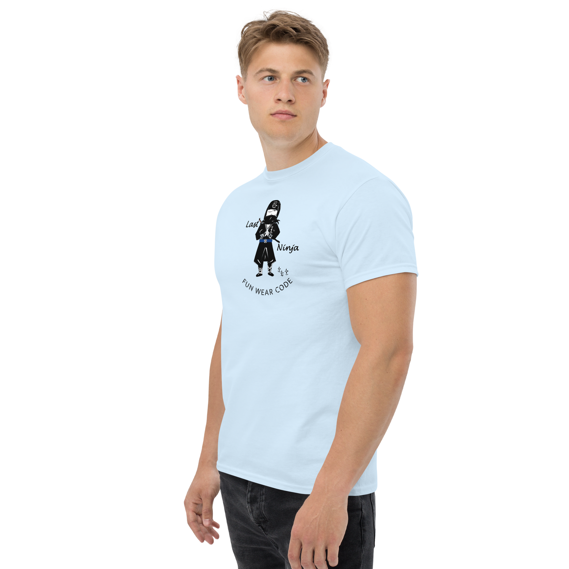 Man wearing a light blue t-shirt  with a playful "Last Ninja" graphic design and text "FUN WEAR CODE" on a white background