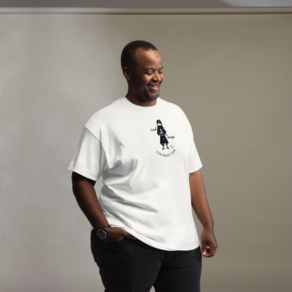 Man wearing a white t-shirt with a playful "Last Ninja" graphic design and text "FUN WEAR CODE" on a plain background