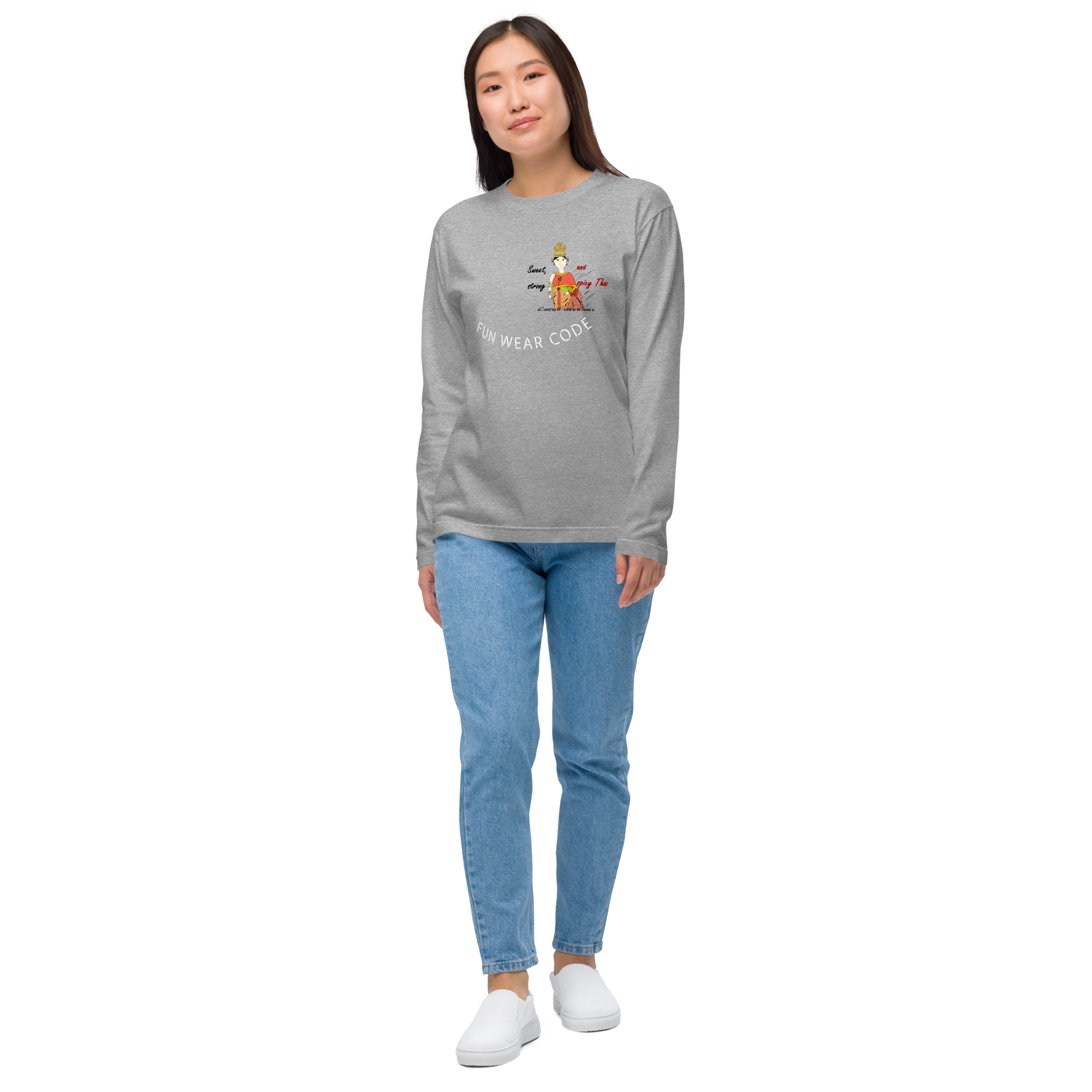 Person wearing a gray long-sleeve shirt with a playful Thai lady graphic and text "fun wear code" and blue jeans on a white background