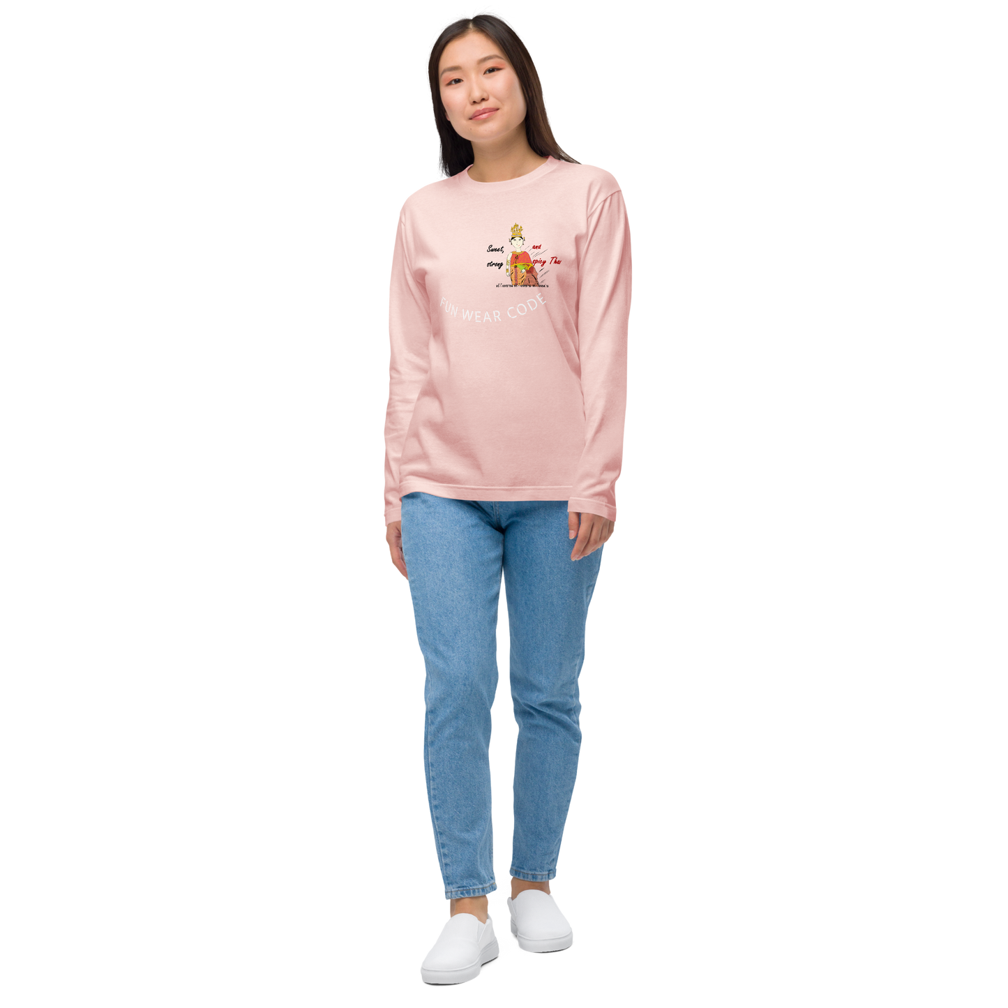 Person wearing a pink long-sleeve shirt with a playful Thai lady graphic and text "fun wear code" and blue jeans on a white background